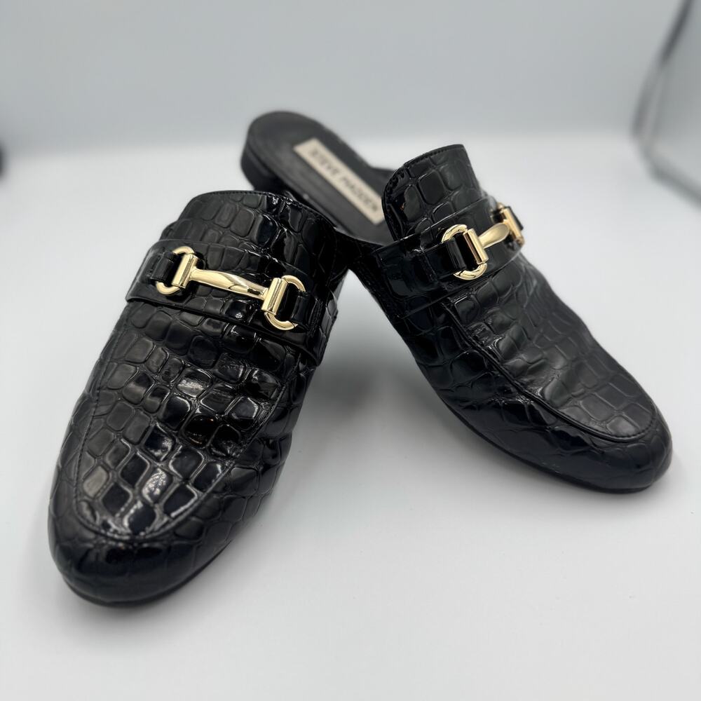 Steve Madden Royals Black Croc Embossed Horsebit Loafer Mule Slide Flat Gold 8 - Picture 13 of 16